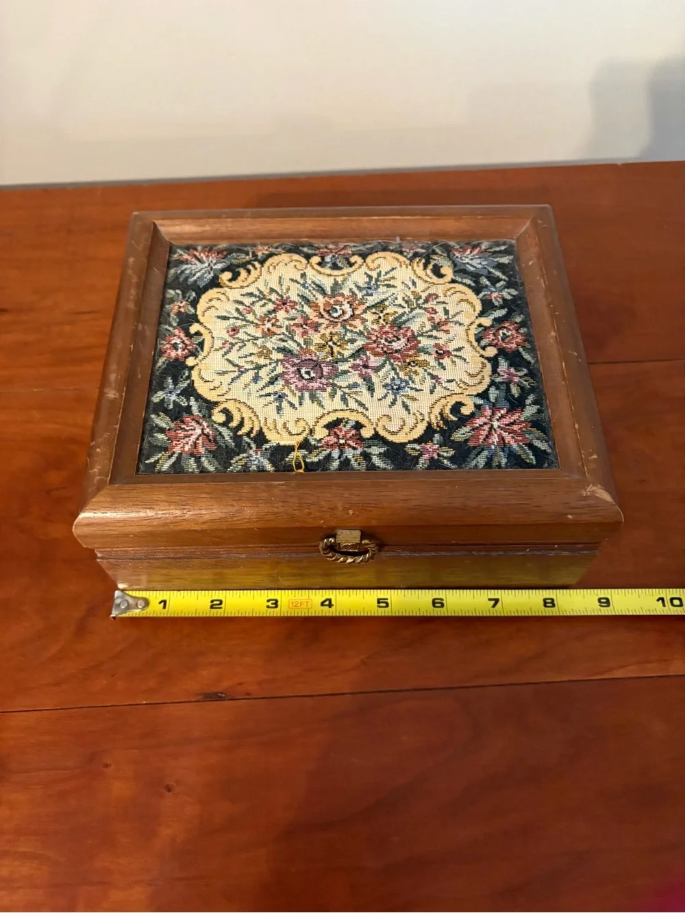 Wooden Jewelry Box Tapestry Lid Red Velvet Mirror Organizer Japan